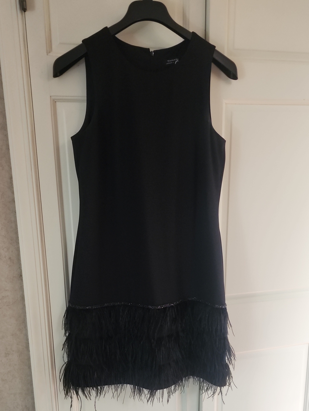 New No Tag.Tahari Black Feather-Hem Mini Dress - Picture 6 of 7